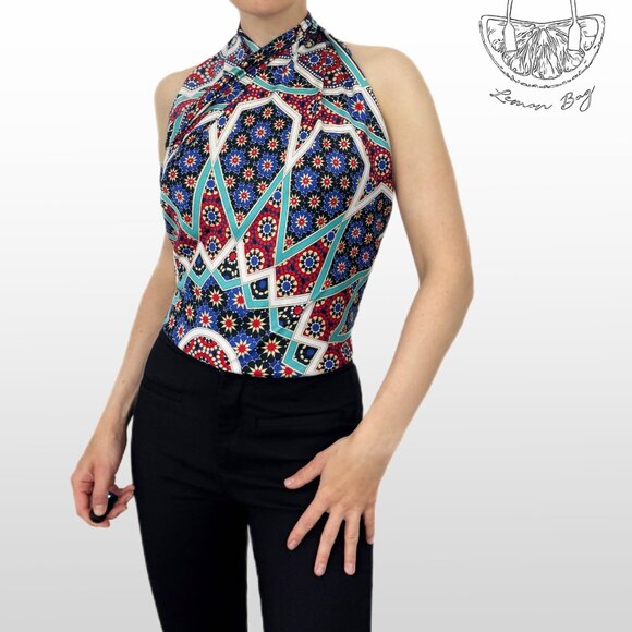 Vanensis Ottoman / Square Colorful Pattern Turkish Scarf / Blue Red - Picture 2 of 5